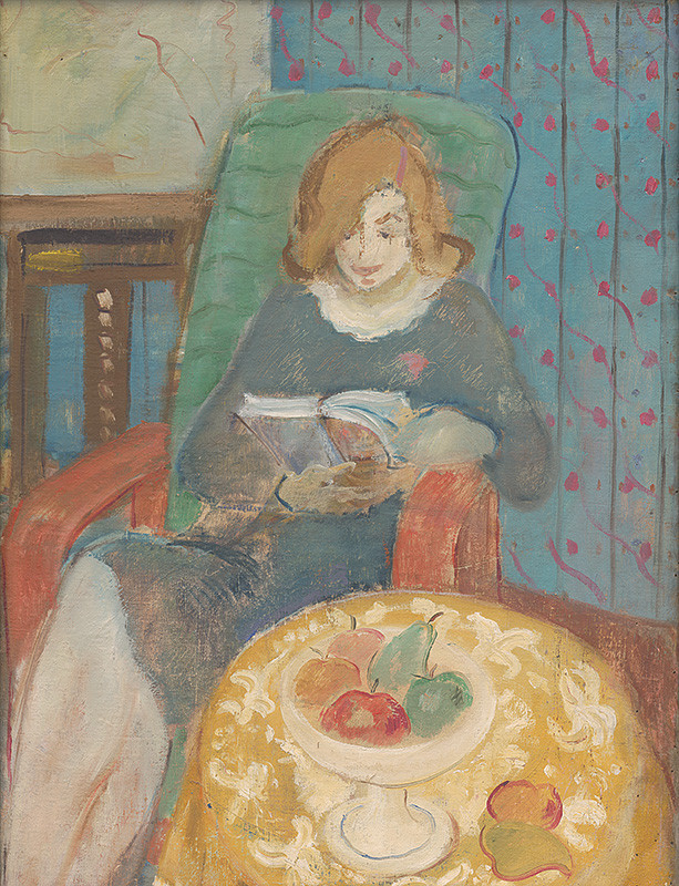 Na obraze Cypriána Majerníka je vyobrazená čítajúca žena, ktorá sedí v kresle. Vyzerá byť šťastná. Pred ňou na stolíku je misa s ovocím, hrušky a jablká.